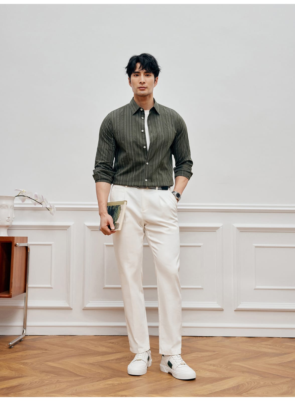 EASY CARE WHITE PLEATED STRAIGHT SPRING SUMMER ANTI-FOULING FABRIC PANTS