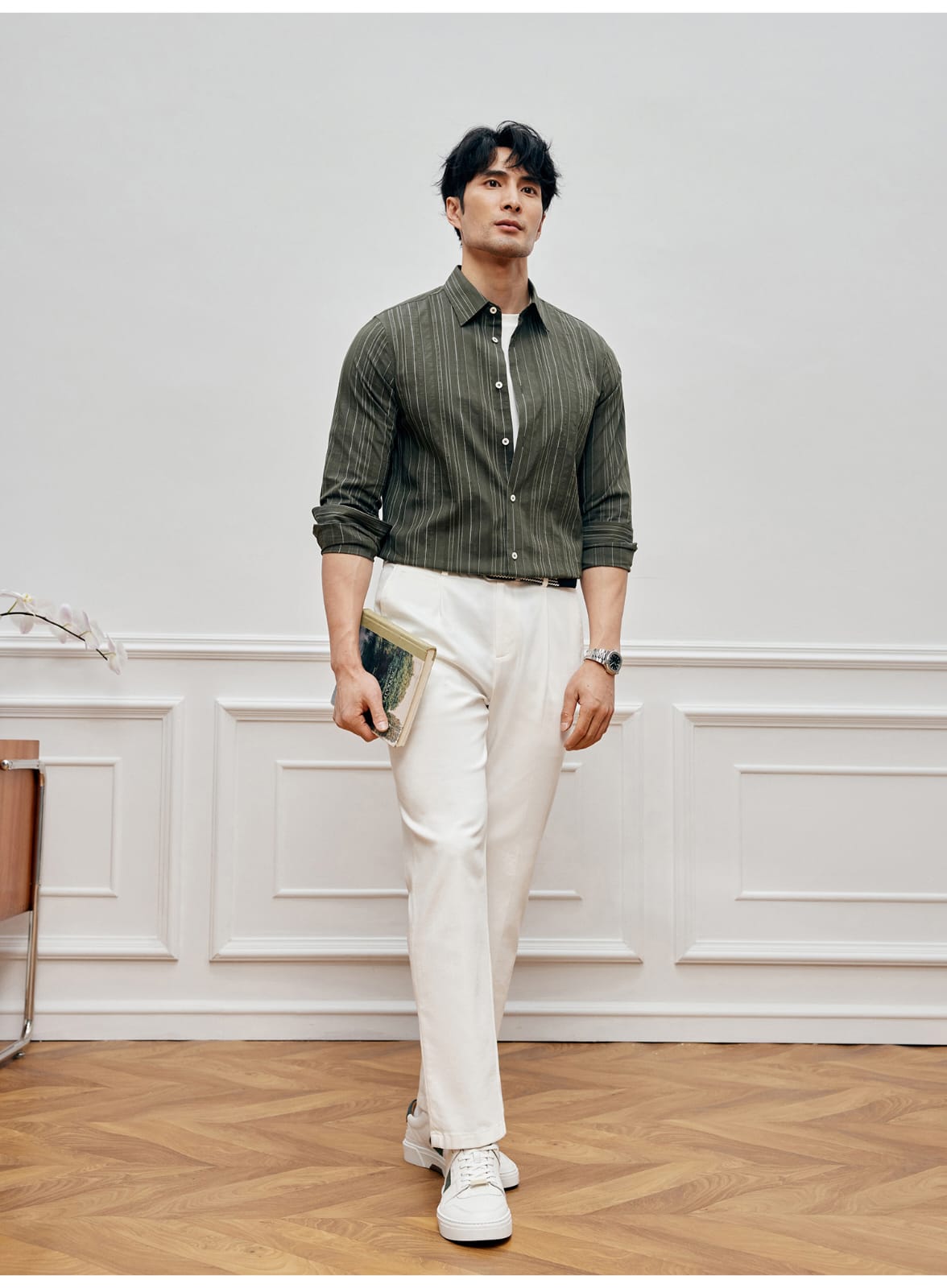 EASY CARE WHITE PLEATED STRAIGHT SPRING SUMMER ANTI-FOULING FABRIC PANTS