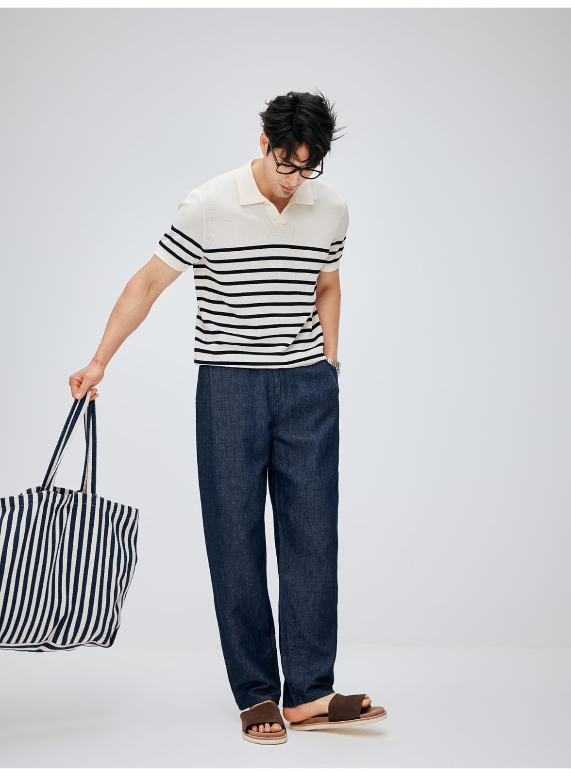 SOUTH FRANCE DENIM NIGHT COTTON BLEND PLEATED CALF NAVY BLUE PANTS