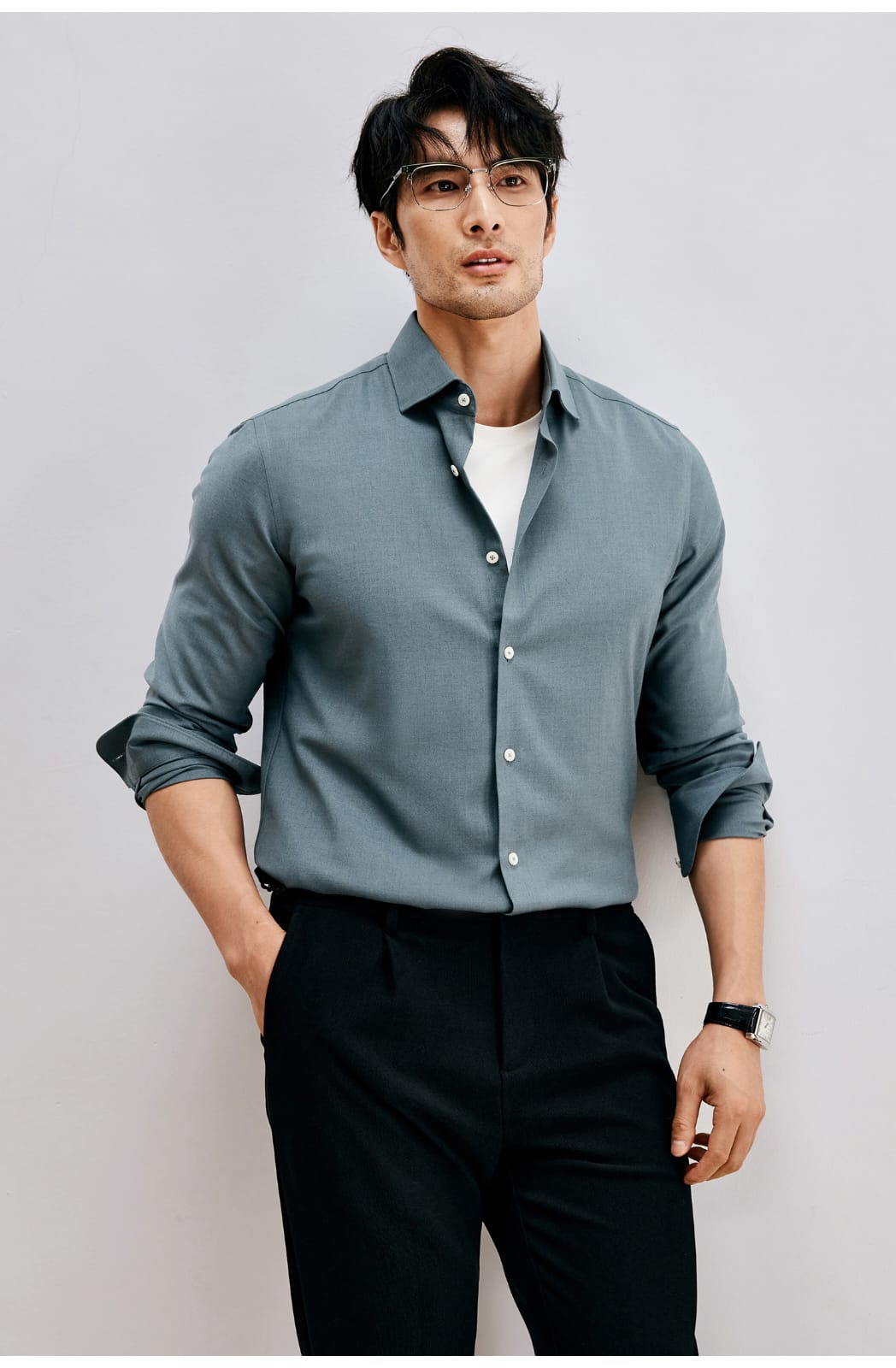 WINTER WOOL MODAL WINDSOR COLLAR LONG SLEEVE SHIRT