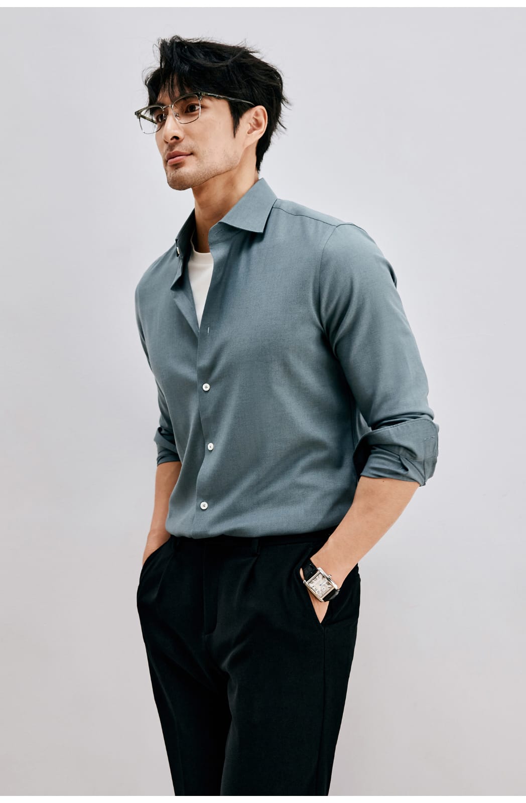 WINTER WOOL MODAL WINDSOR COLLAR LONG SLEEVE SHIRT