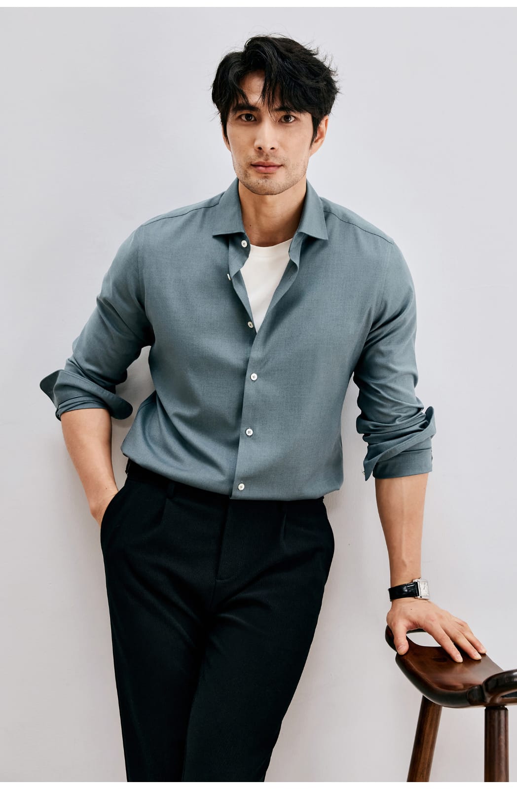 WINTER WOOL MODAL WINDSOR COLLAR LONG SLEEVE SHIRT