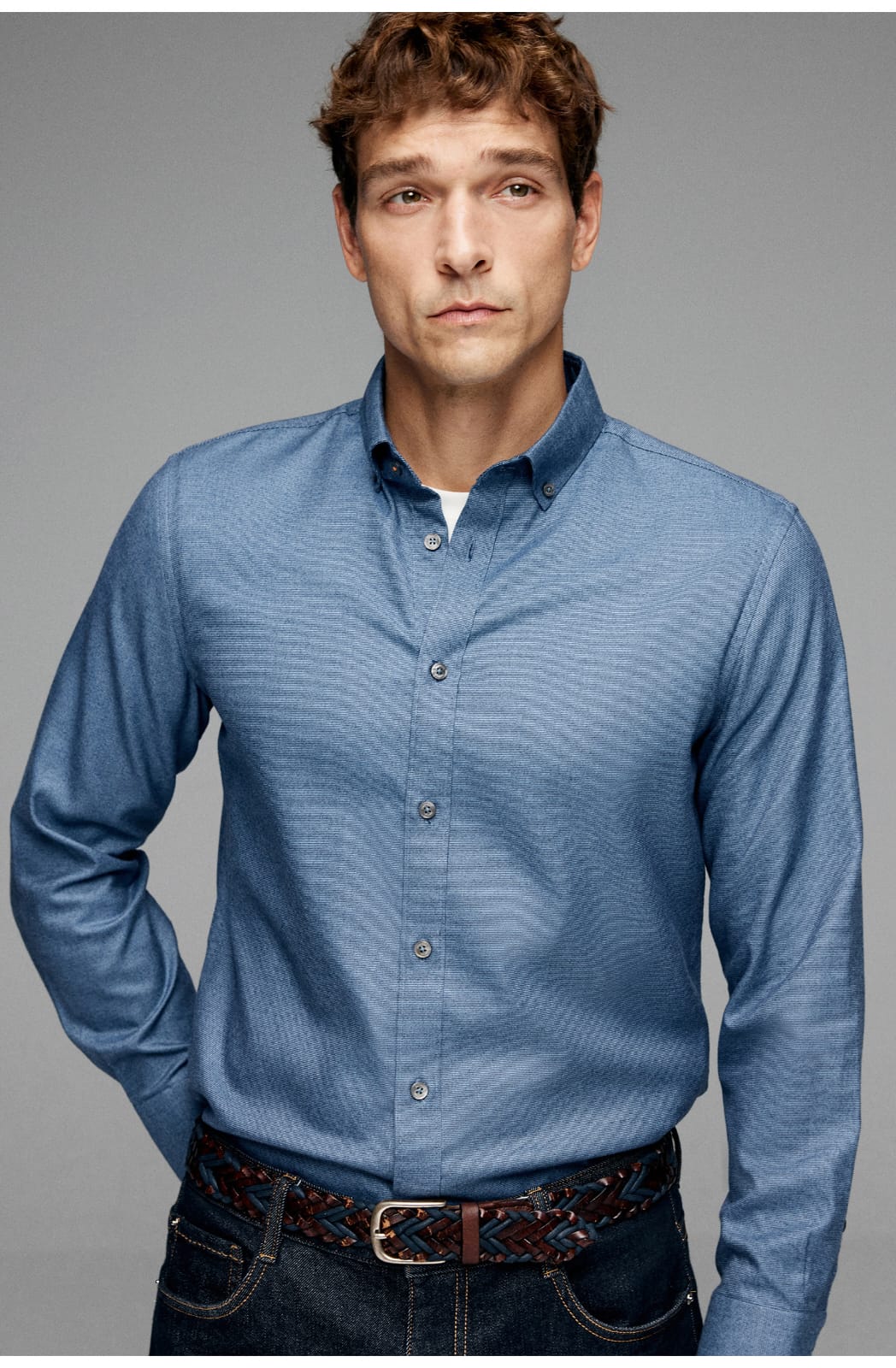 HIGH-END SILK COTTON JACQUARD LONG SLEEVE DARK BLUE SHIRT