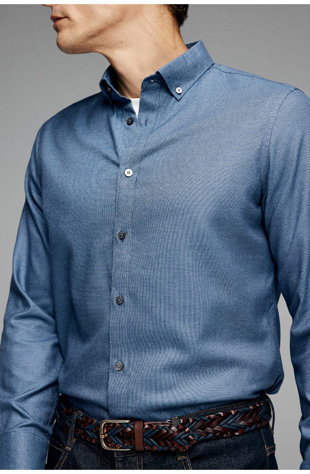 HIGH-END SILK COTTON JACQUARD LONG SLEEVE DARK BLUE SHIRT