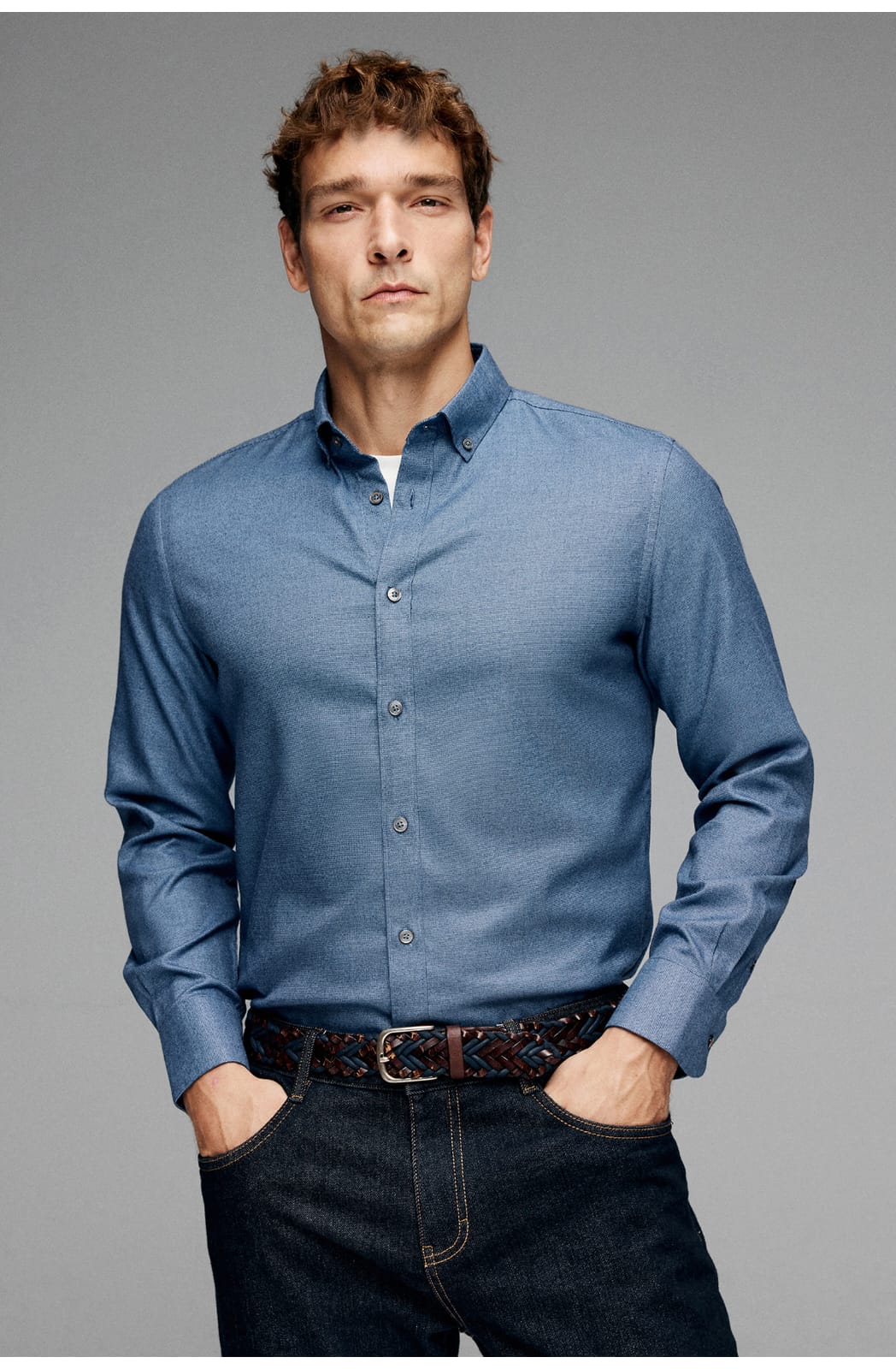 HIGH-END SILK COTTON JACQUARD LONG SLEEVE DARK BLUE SHIRT