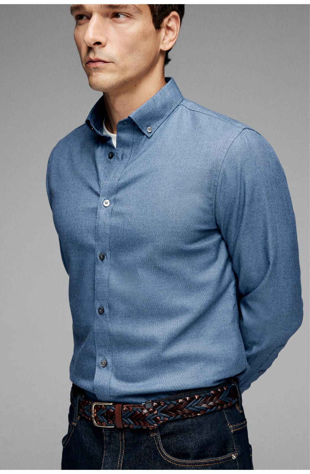 HIGH-END SILK COTTON JACQUARD LONG SLEEVE DARK BLUE SHIRT