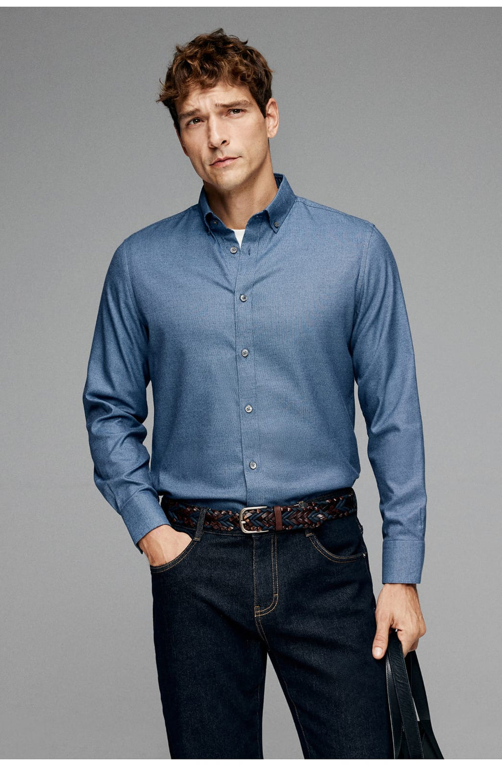 HIGH-END SILK COTTON JACQUARD LONG SLEEVE DARK BLUE SHIRT