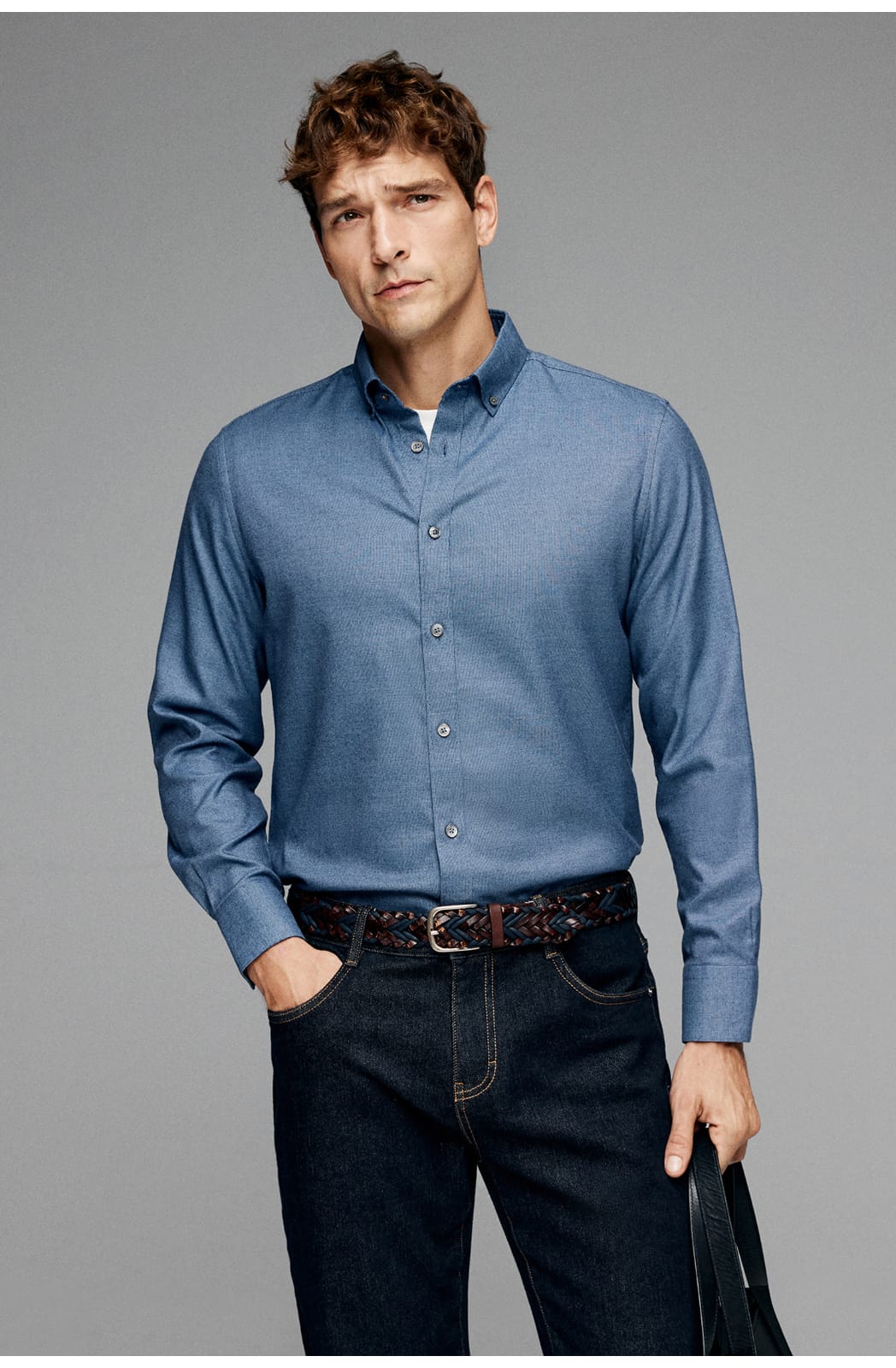 HIGH-END SILK COTTON JACQUARD LONG SLEEVE DARK BLUE SHIRT