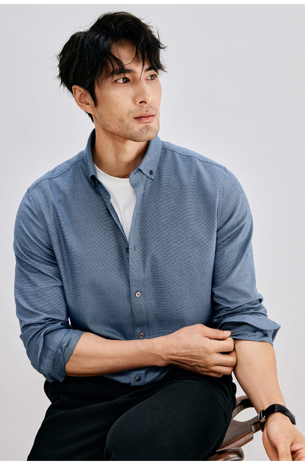HIGH-END SILK COTTON JACQUARD LONG SLEEVE DARK BLUE SHIRT