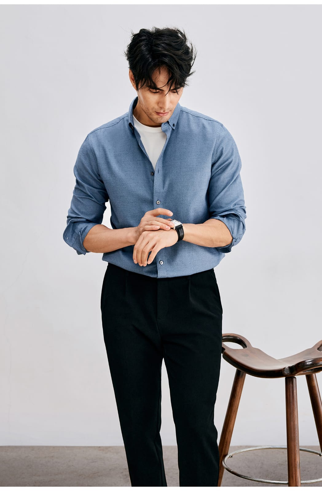 HIGH-END SILK COTTON JACQUARD LONG SLEEVE DARK BLUE SHIRT