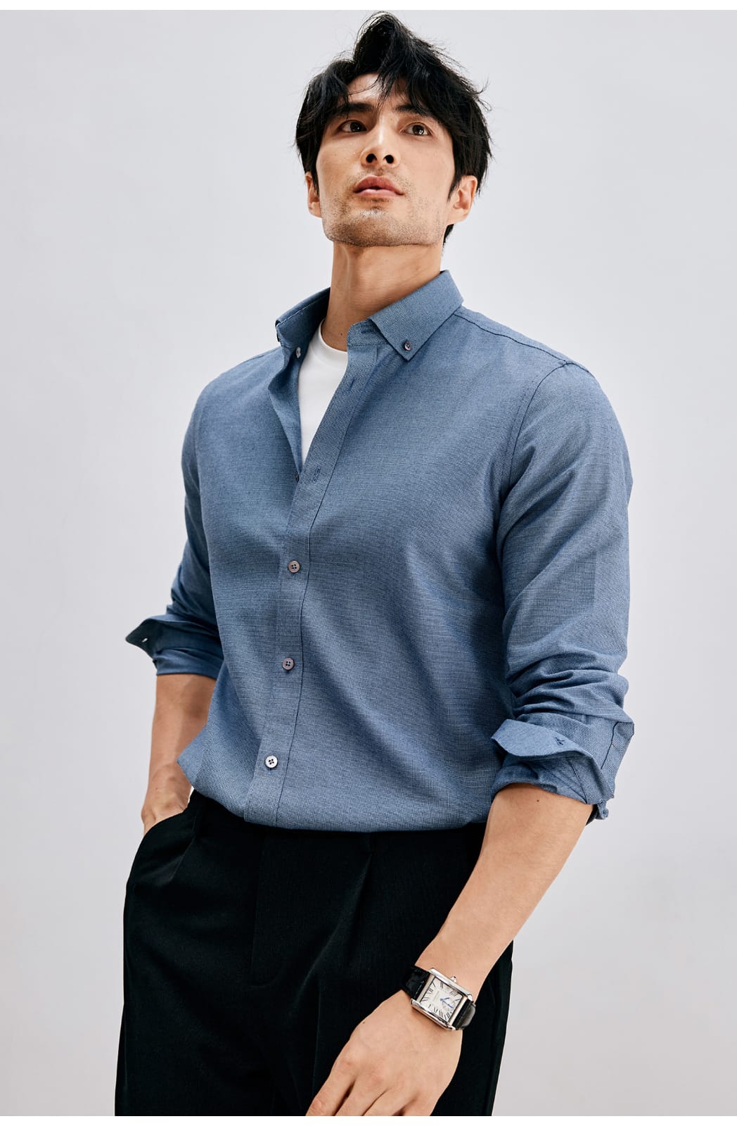 HIGH-END SILK COTTON JACQUARD LONG SLEEVE DARK BLUE SHIRT