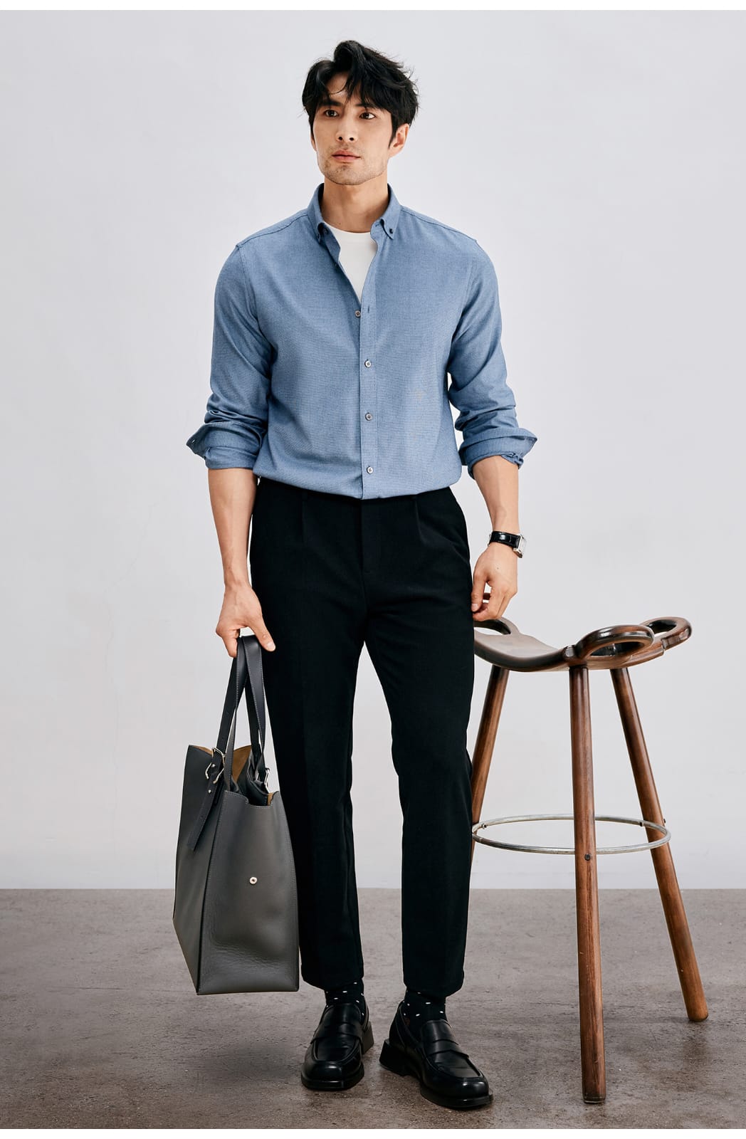 HIGH-END SILK COTTON JACQUARD LONG SLEEVE DARK BLUE SHIRT