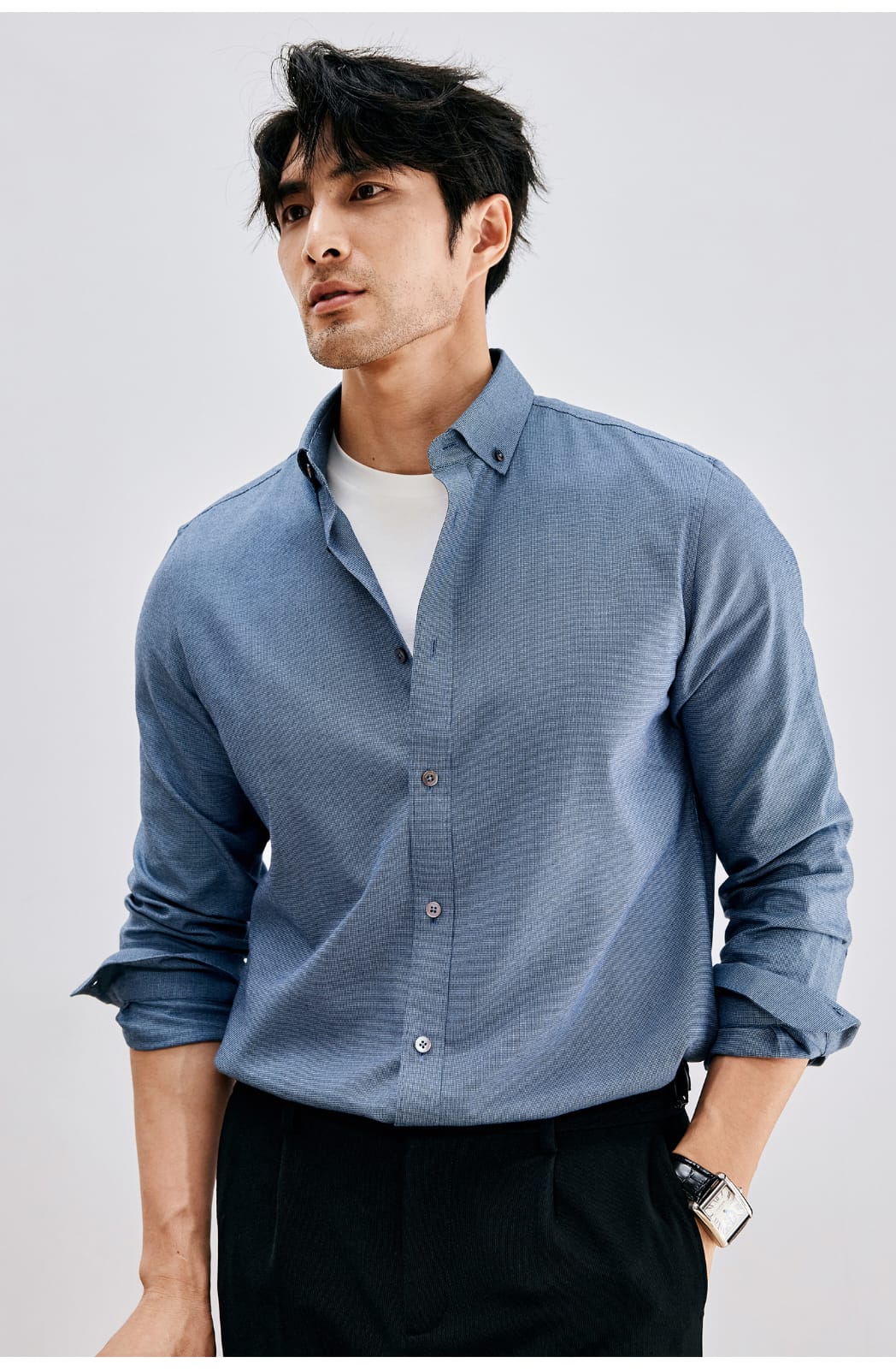 HIGH-END SILK COTTON JACQUARD LONG SLEEVE DARK BLUE SHIRT
