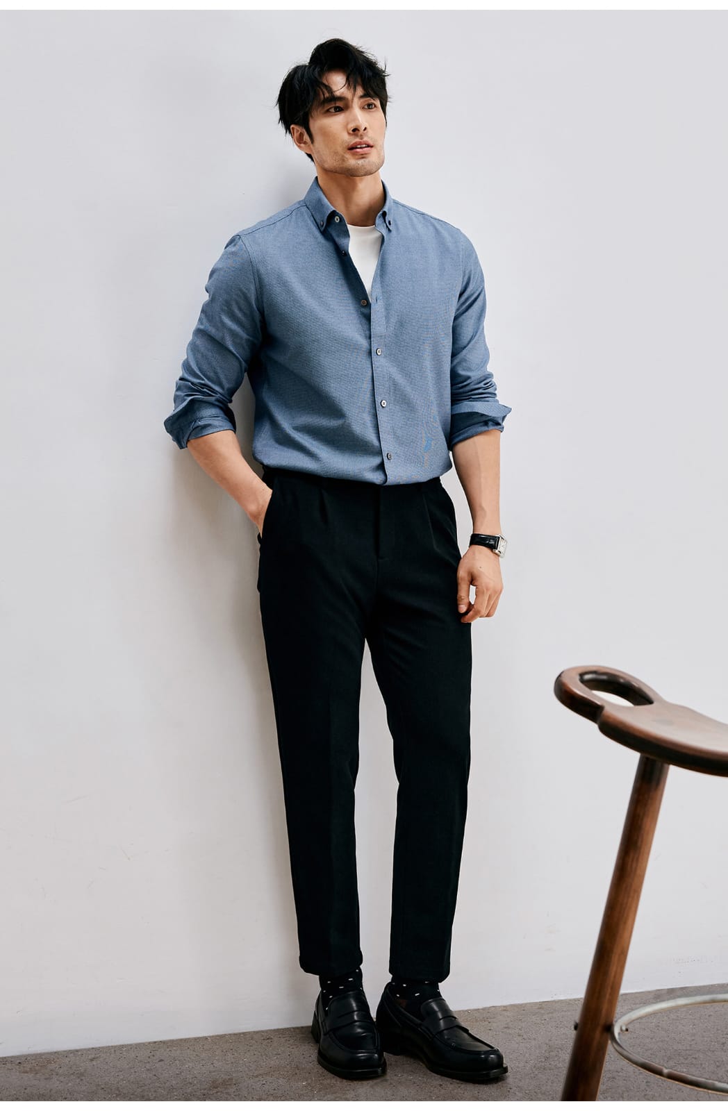 HIGH-END SILK COTTON JACQUARD LONG SLEEVE DARK BLUE SHIRT
