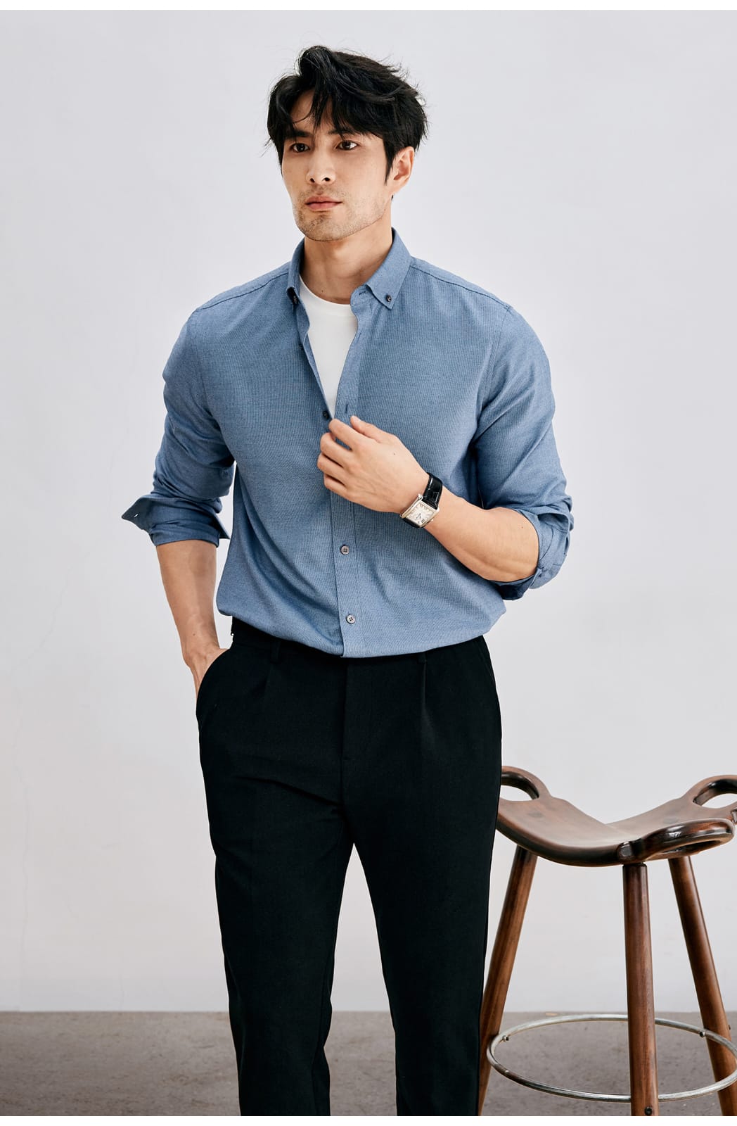 HIGH-END SILK COTTON JACQUARD LONG SLEEVE DARK BLUE SHIRT