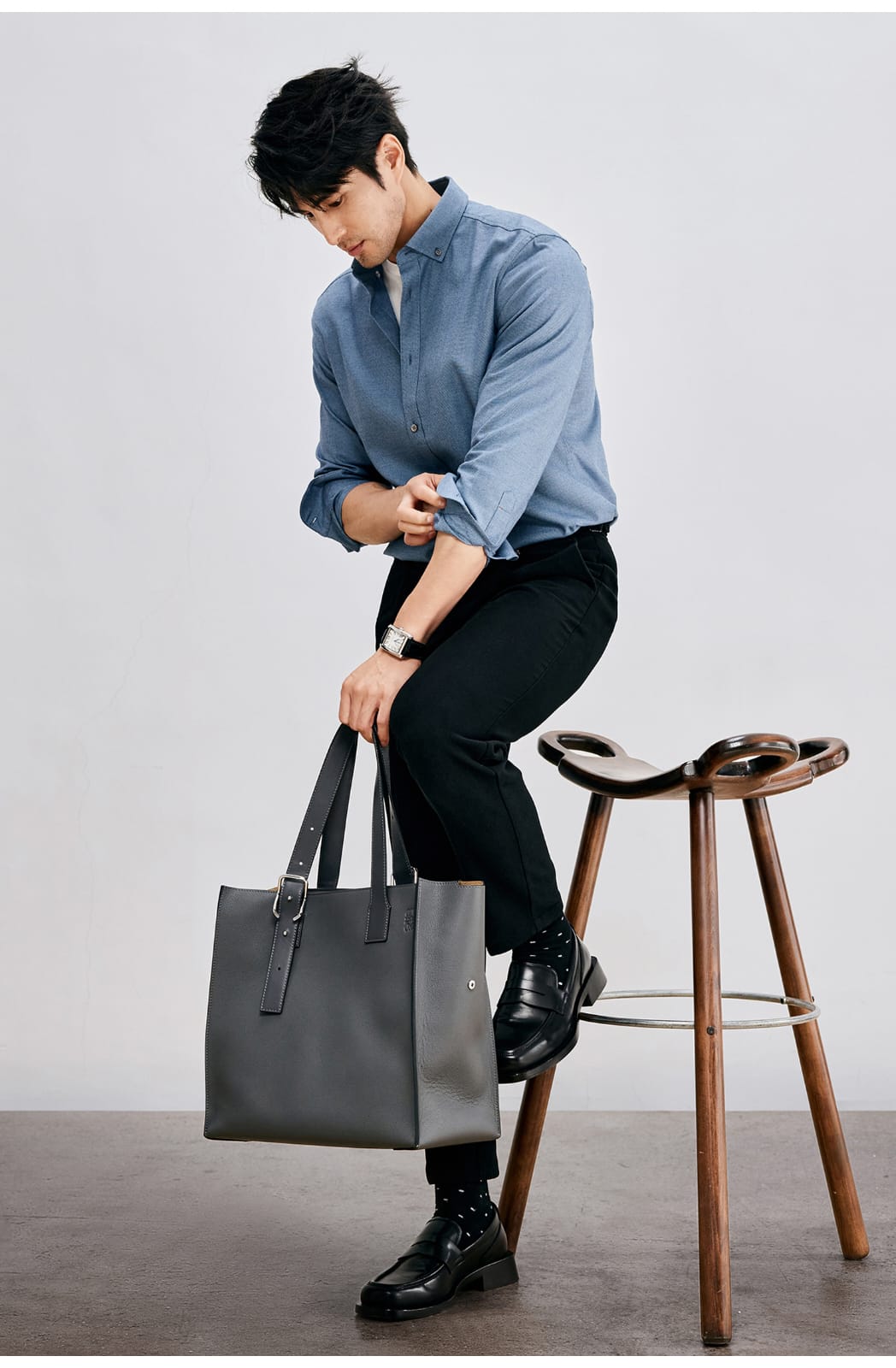 HIGH-END SILK COTTON JACQUARD LONG SLEEVE DARK BLUE SHIRT