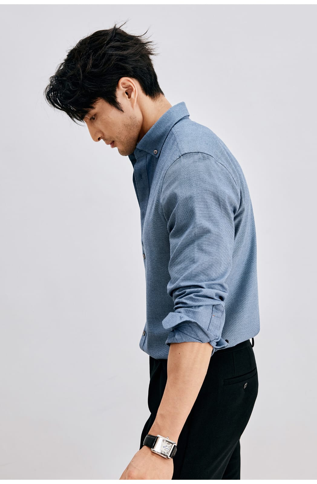 HIGH-END SILK COTTON JACQUARD LONG SLEEVE DARK BLUE SHIRT