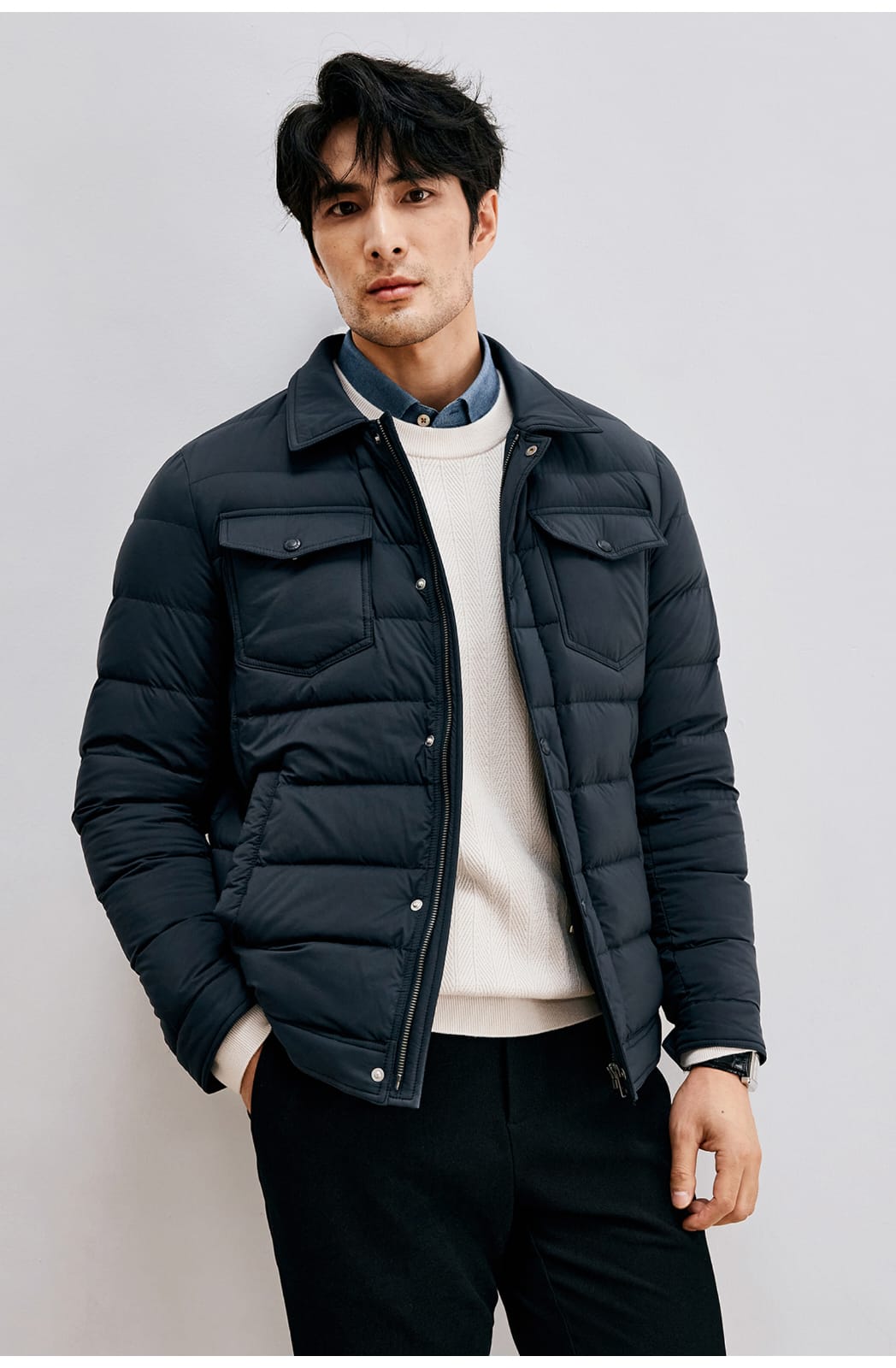 HIGH-END SILK COTTON JACQUARD LONG SLEEVE DARK BLUE SHIRT