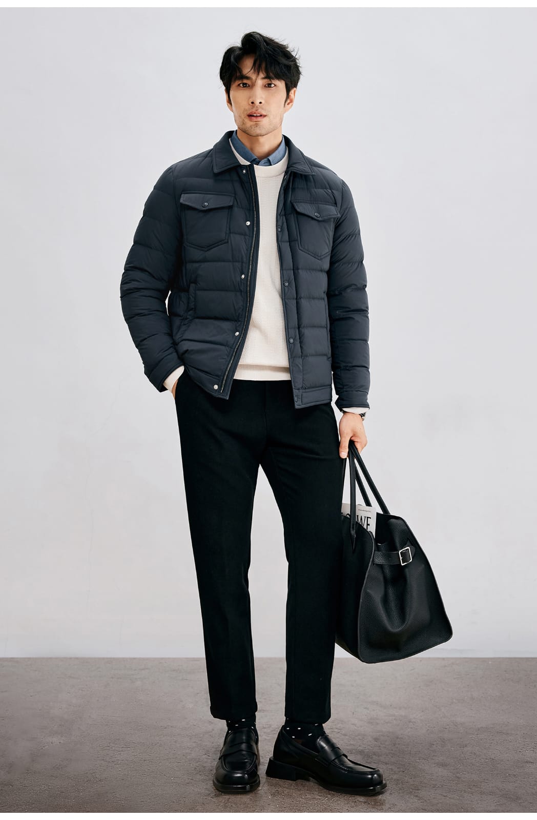 HIGH-END SILK COTTON JACQUARD LONG SLEEVE DARK BLUE SHIRT