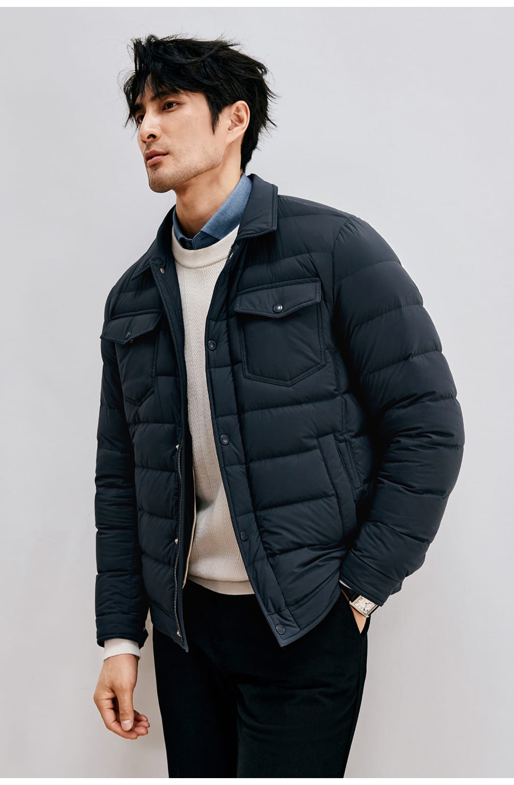 HIGH-END SILK COTTON JACQUARD LONG SLEEVE DARK BLUE SHIRT