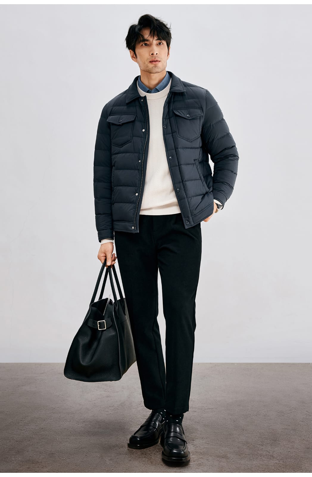 HIGH-END SILK COTTON JACQUARD LONG SLEEVE DARK BLUE SHIRT