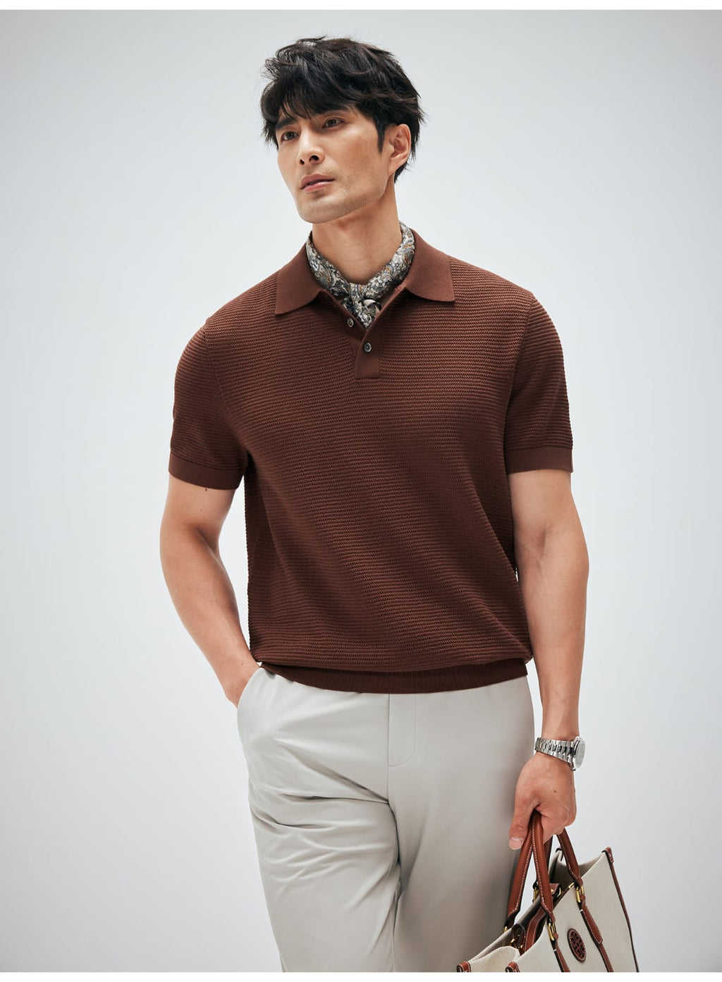 ELEGANT RETRO TEXTURED KNIT POLO SHIRT