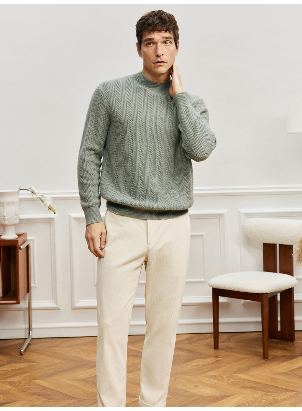 TEXTURED RIB KNIT SAGE MERINO WOOL GREEN SWEATSHIRT