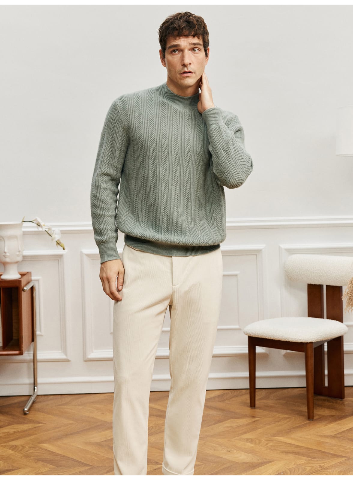 TEXTURED RIB KNIT SAGE MERINO WOOL GREEN SWEATSHIRT