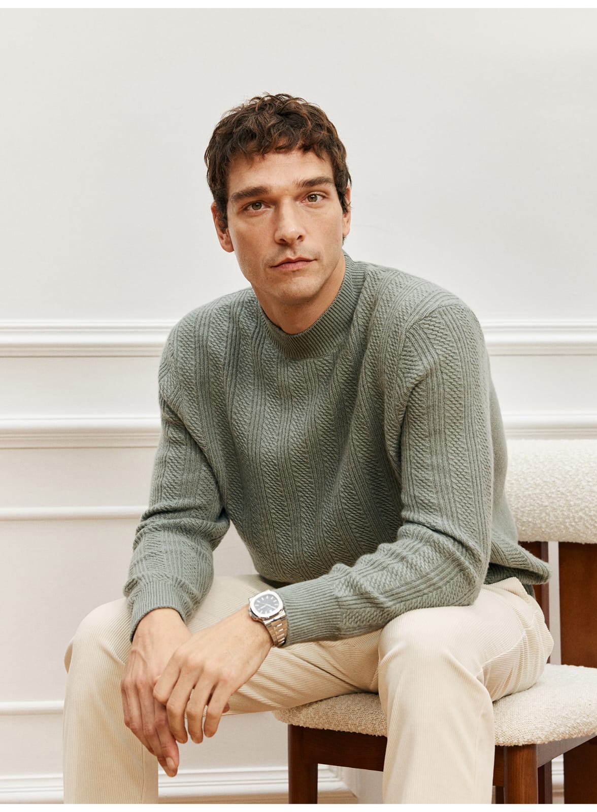 TEXTURED RIB KNIT SAGE MERINO WOOL GREEN SWEATSHIRT