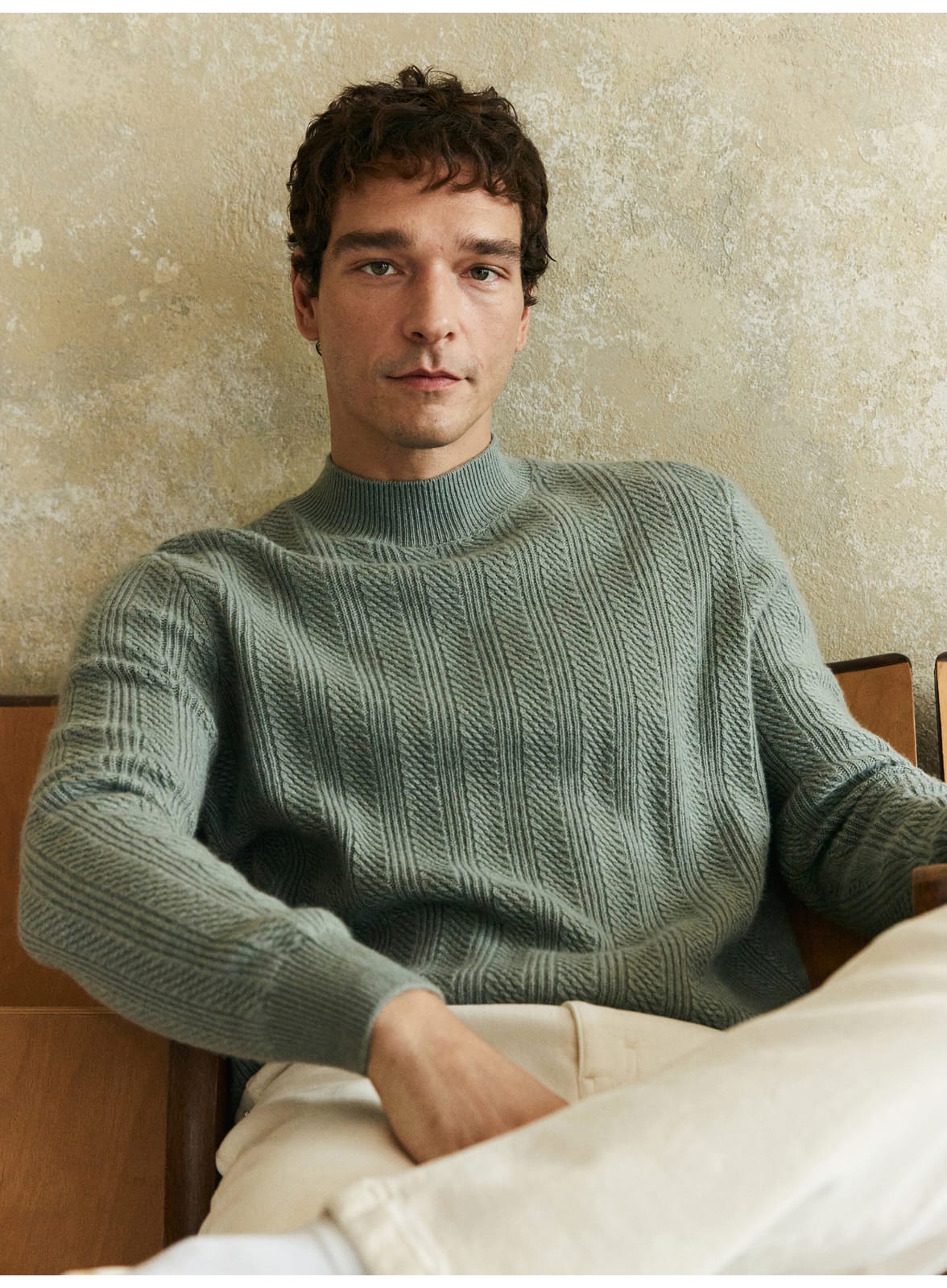 TEXTURED RIB KNIT SAGE MERINO WOOL GREEN SWEATSHIRT