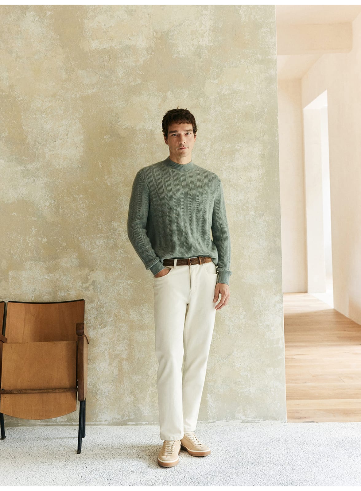 TEXTURED RIB KNIT SAGE MERINO WOOL GREEN SWEATSHIRT