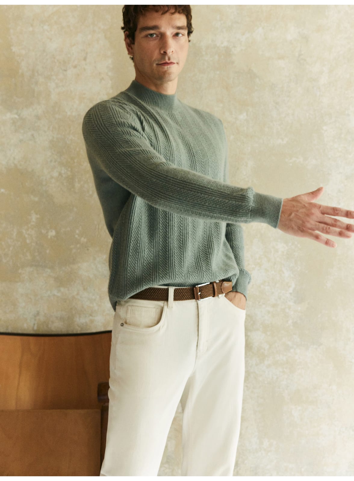 TEXTURED RIB KNIT SAGE MERINO WOOL GREEN SWEATSHIRT