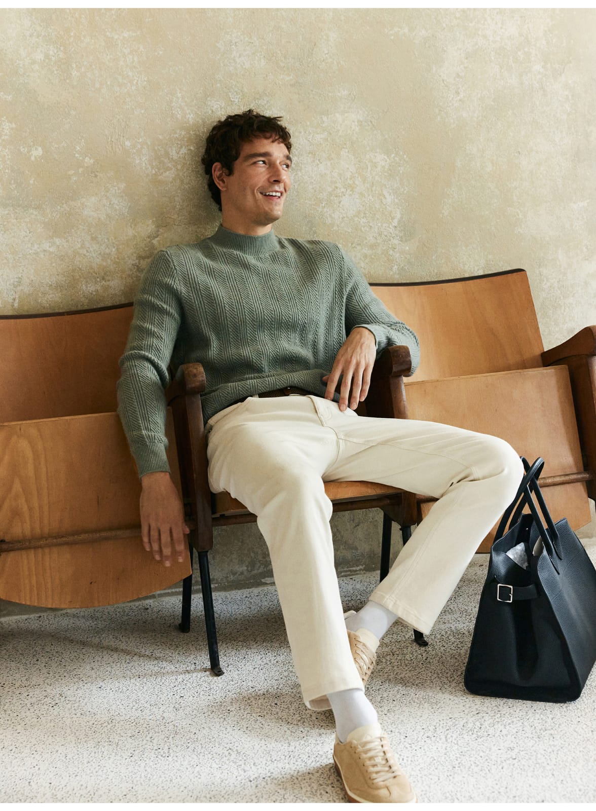 TEXTURED RIB KNIT SAGE MERINO WOOL GREEN SWEATSHIRT