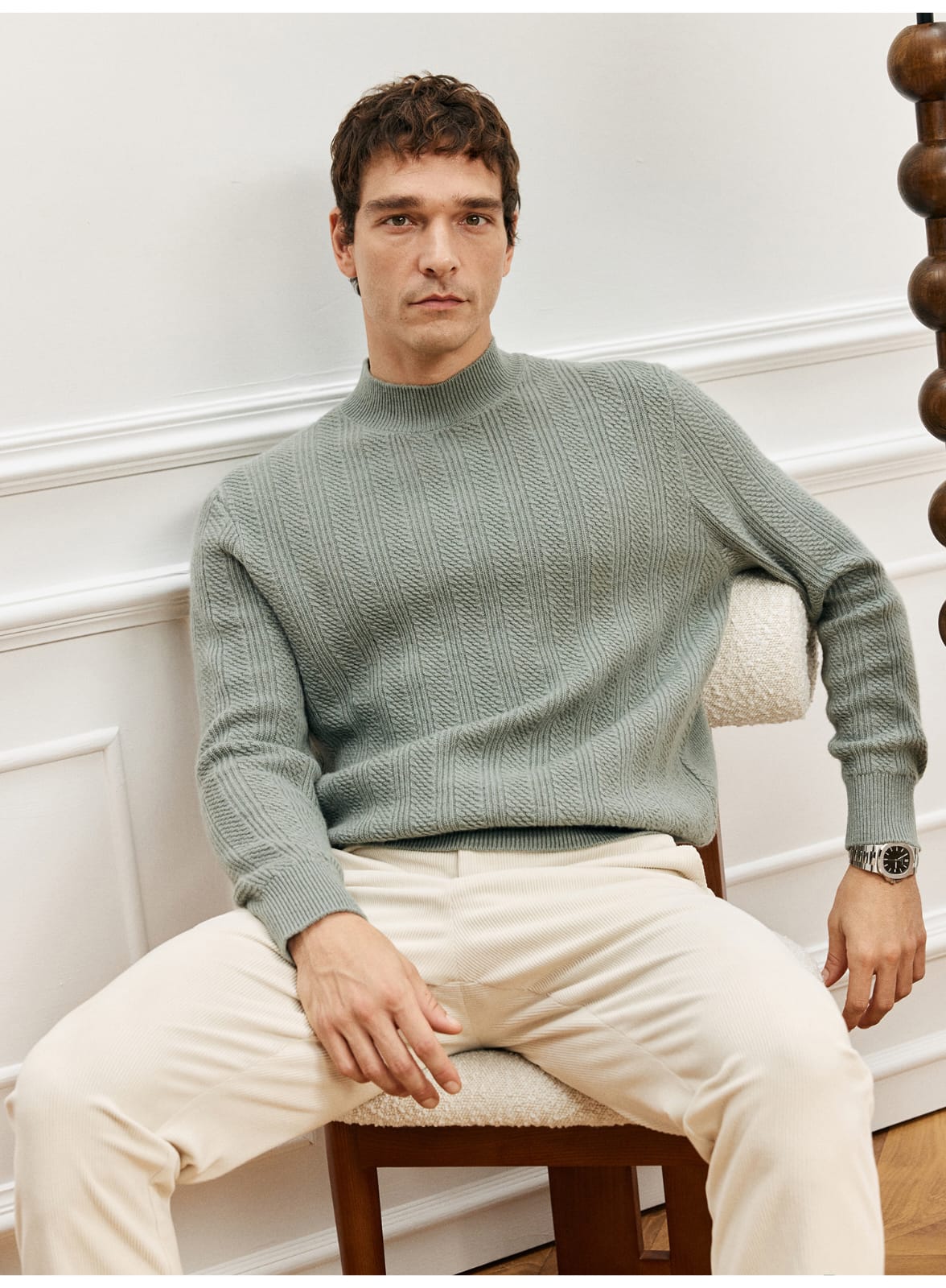 TEXTURED RIB KNIT SAGE MERINO WOOL GREEN SWEATSHIRT