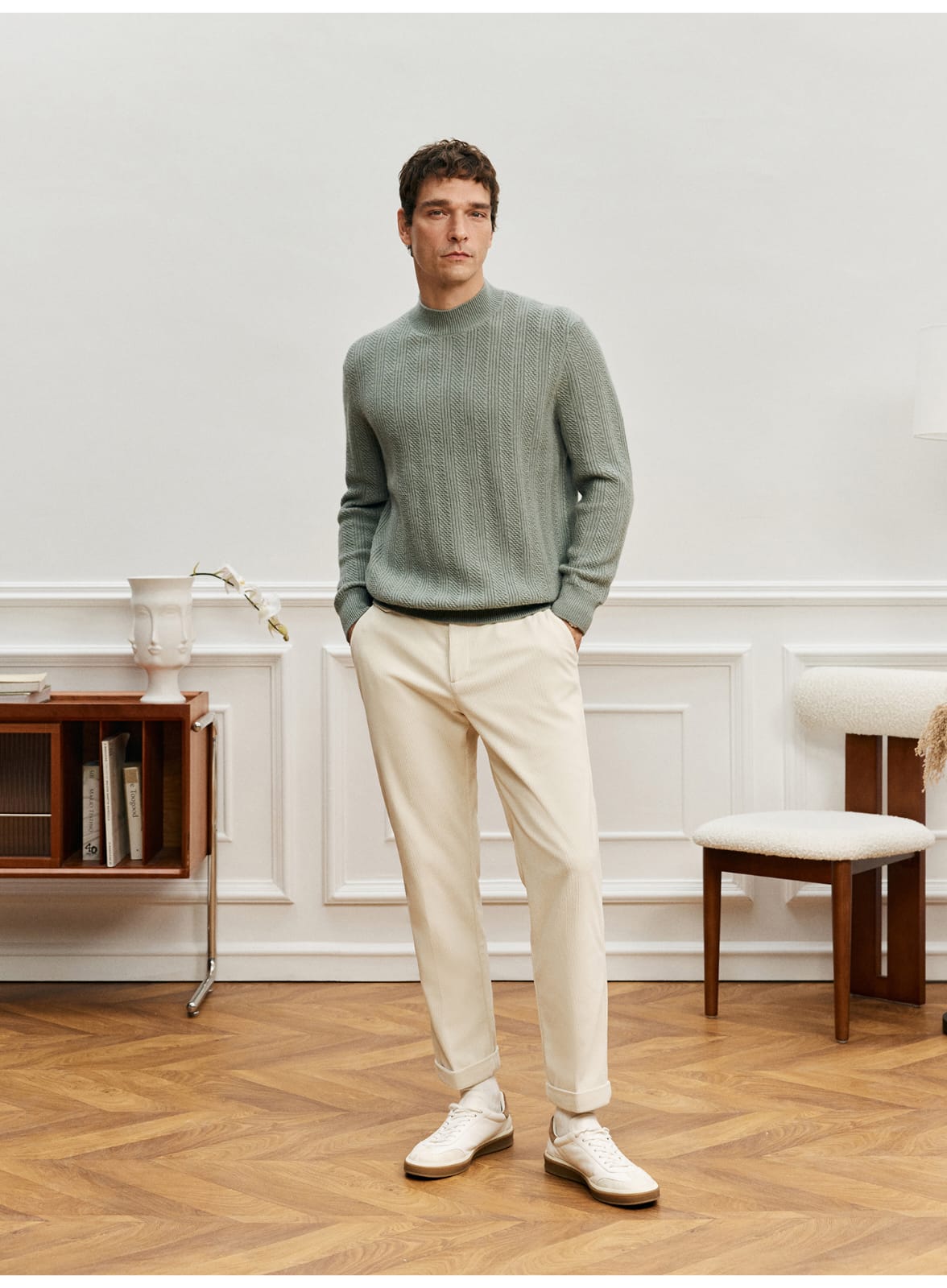 TEXTURED RIB KNIT SAGE MERINO WOOL GREEN SWEATSHIRT