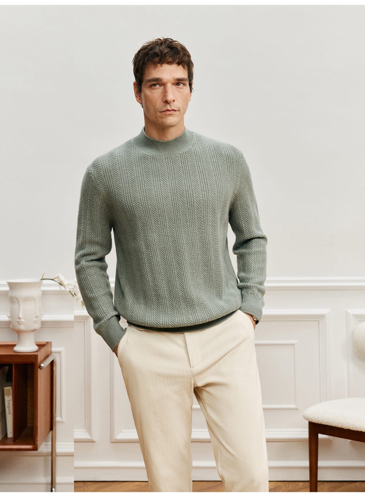 TEXTURED RIB KNIT SAGE MERINO WOOL GREEN SWEATSHIRT