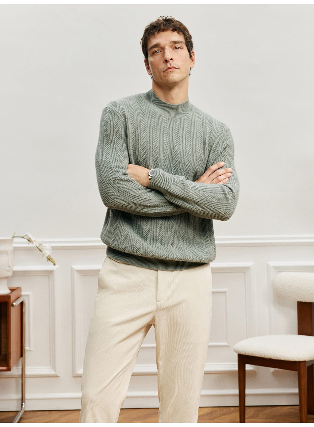 TEXTURED RIB KNIT SAGE MERINO WOOL GREEN SWEATSHIRT