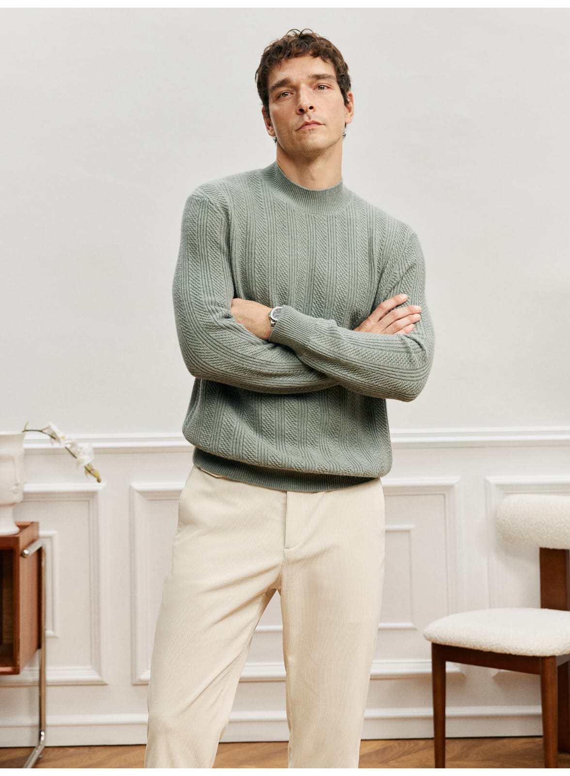 TEXTURED RIB KNIT SAGE MERINO WOOL GREEN SWEATSHIRT