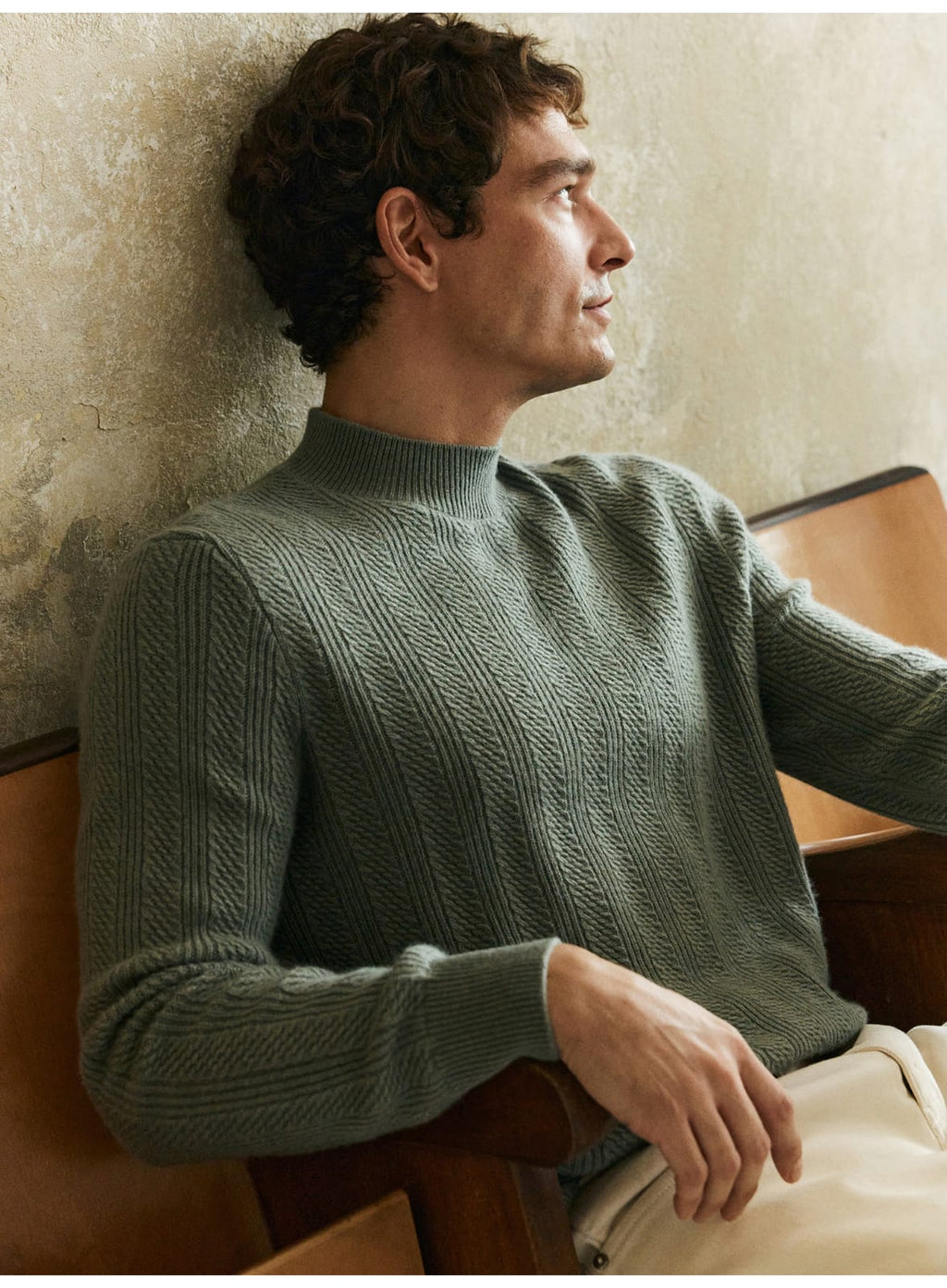 TEXTURED RIB KNIT SAGE MERINO WOOL GREEN SWEATSHIRT