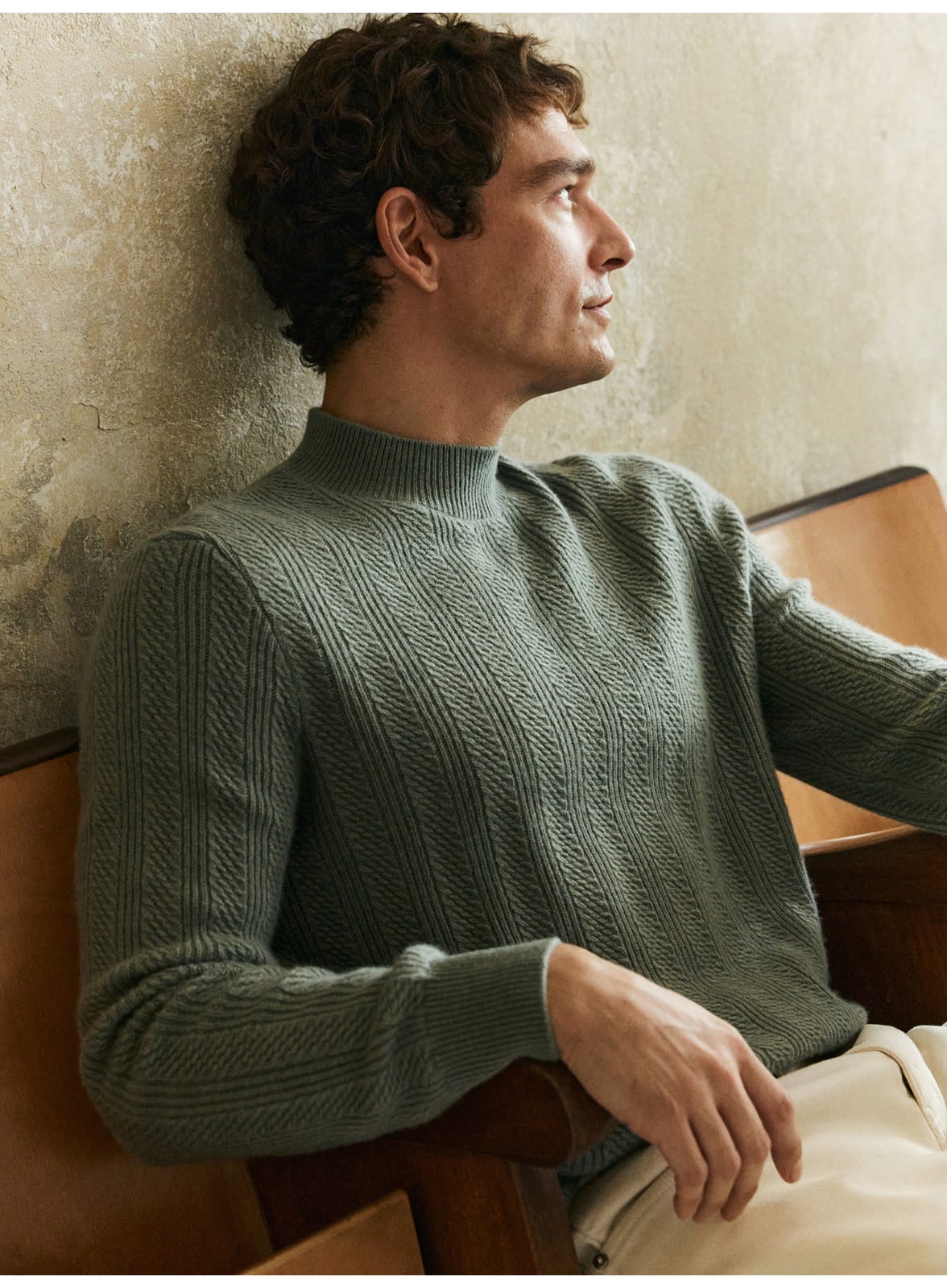 TEXTURED RIB KNIT SAGE MERINO WOOL GREEN SWEATSHIRT