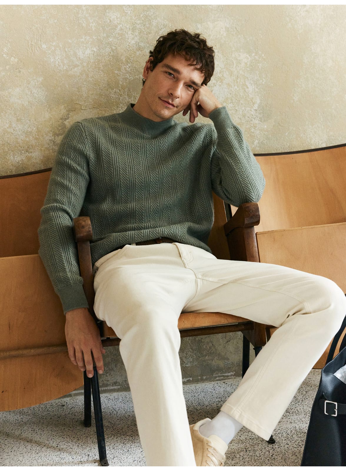 TEXTURED RIB KNIT SAGE MERINO WOOL GREEN SWEATSHIRT