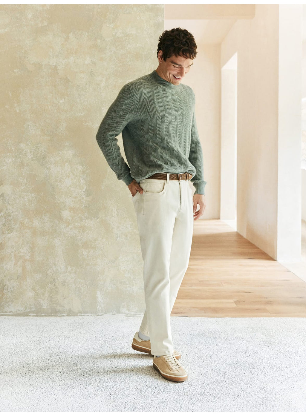 TEXTURED RIB KNIT SAGE MERINO WOOL GREEN SWEATSHIRT