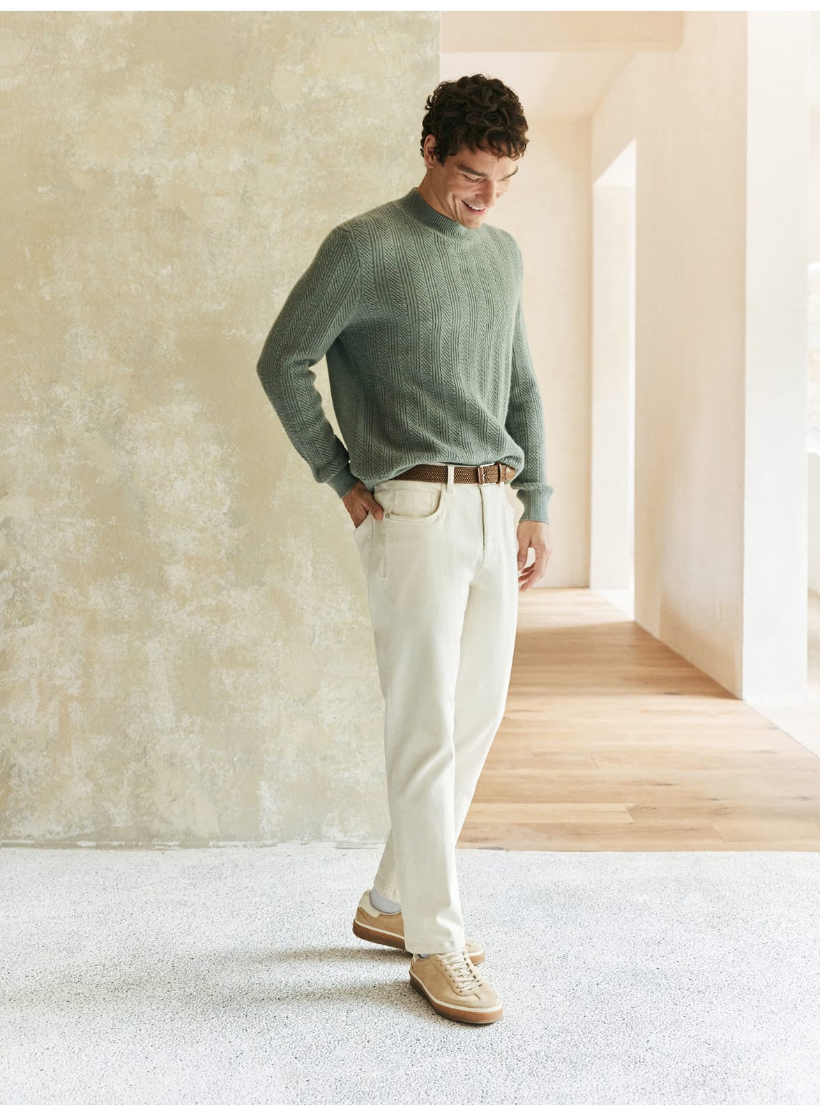 TEXTURED RIB KNIT SAGE MERINO WOOL GREEN SWEATSHIRT