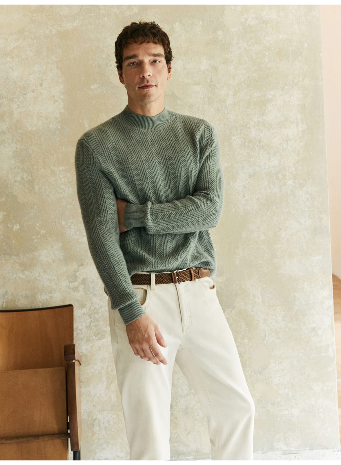 TEXTURED RIB KNIT SAGE MERINO WOOL GREEN SWEATSHIRT