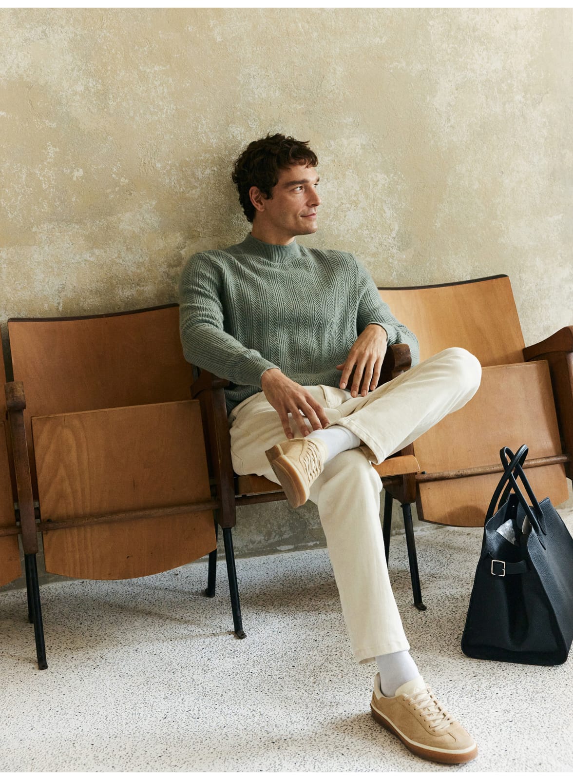 TEXTURED RIB KNIT SAGE MERINO WOOL GREEN SWEATSHIRT