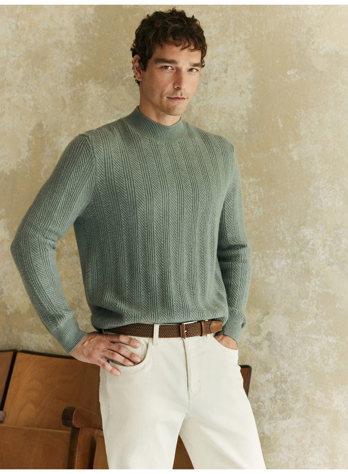 TEXTURED RIB KNIT SAGE MERINO WOOL GREEN SWEATSHIRT