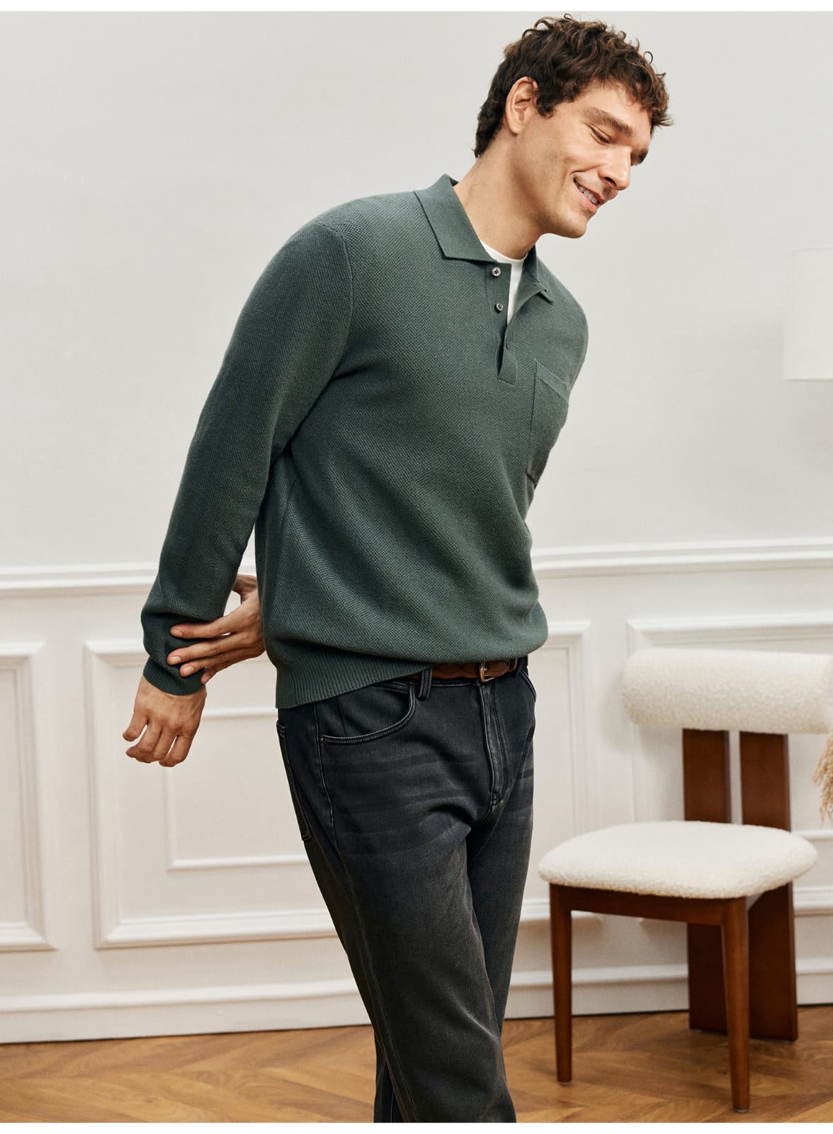 LUXURY TEXTURED MERINO WOOL LONG SLEEVE KHAKI POLO SWEATSHIRT
