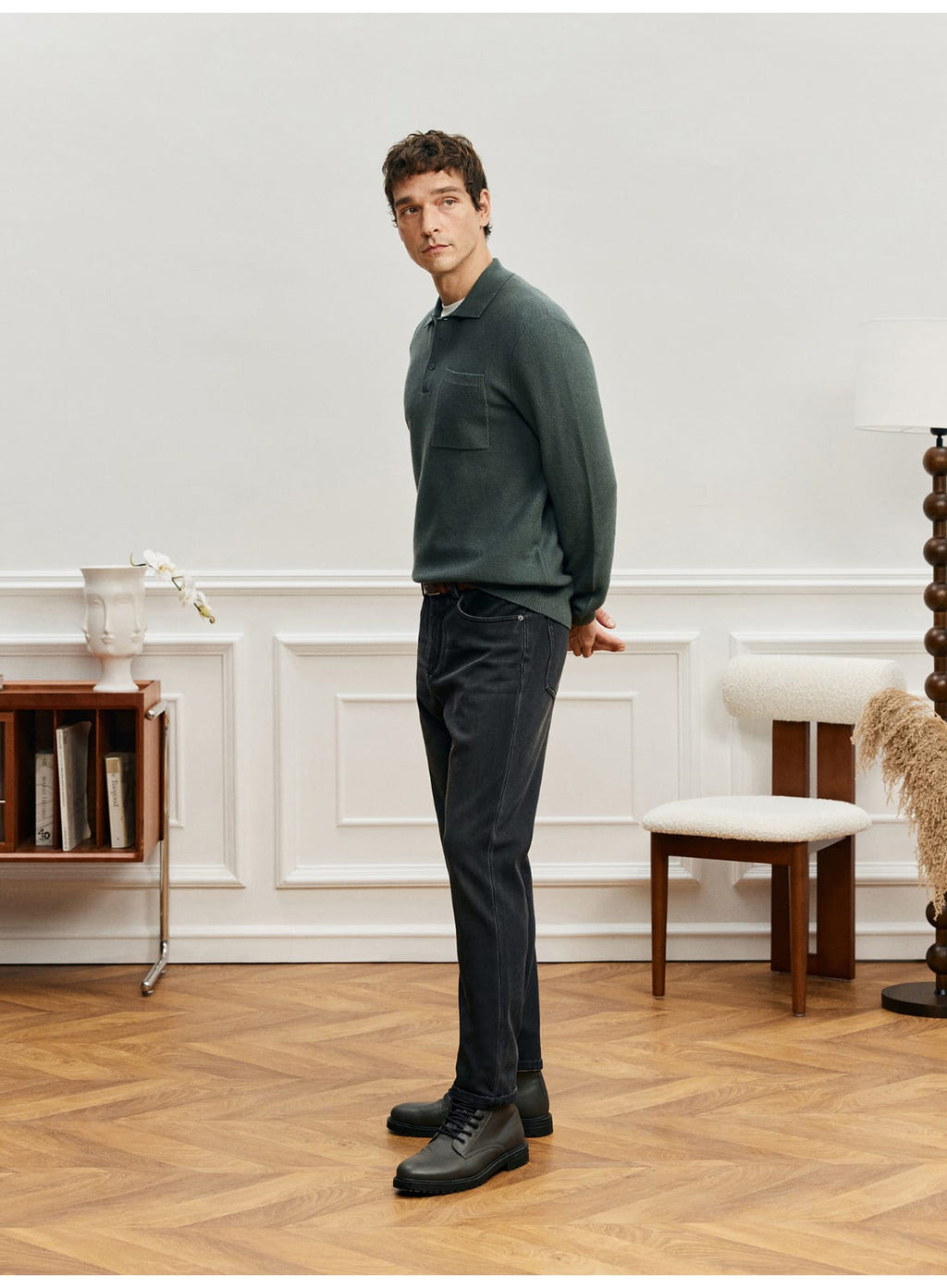 LUXURY TEXTURED MERINO WOOL LONG SLEEVE KHAKI POLO SWEATSHIRT