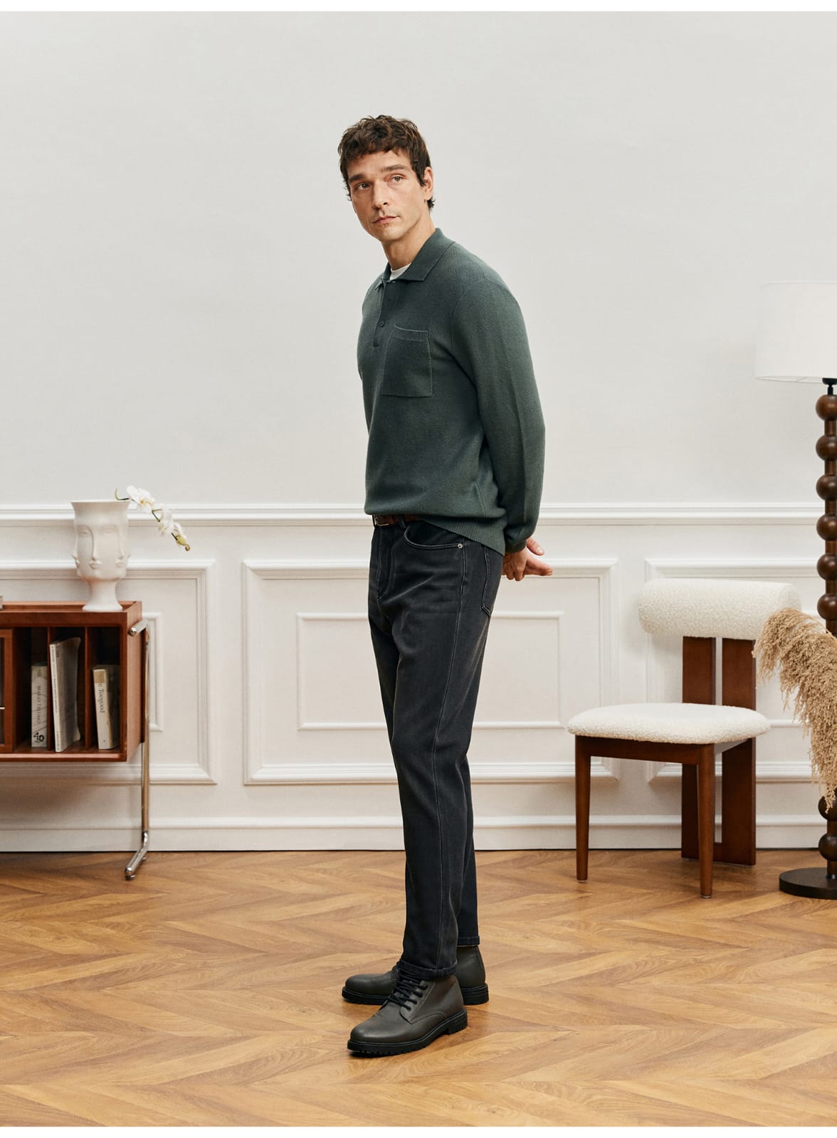 LUXURY TEXTURED MERINO WOOL LONG SLEEVE KHAKI POLO SWEATSHIRT
