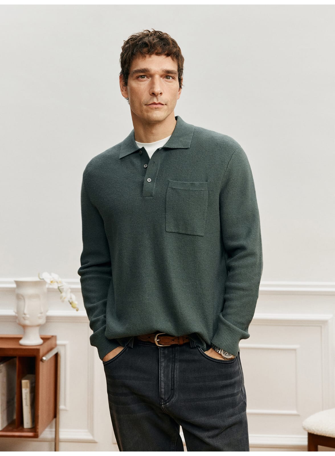 LUXURY TEXTURED MERINO WOOL LONG SLEEVE KHAKI POLO SWEATSHIRT